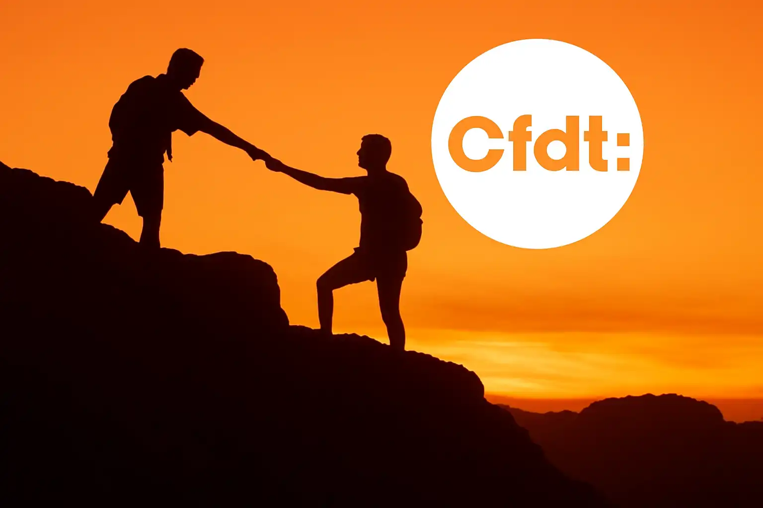 Image d'illustration : deux personnes se tenant la main en montagne, avec un soleil CFDT en fond